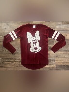 Disney Burgundy and Cream Minnie Mouse Knit Top size Small S women’s varsity